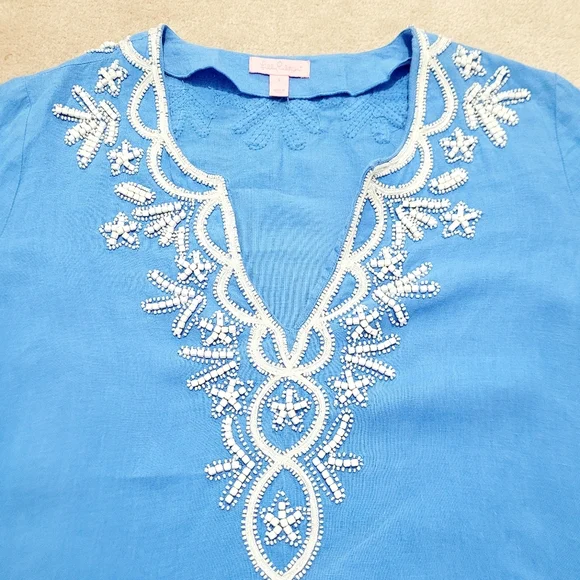 Lilly Pulitzer Linen Tunic Top Blue White Embroidered V-Neck Long Sleeve Size S - Picture 8 of 15